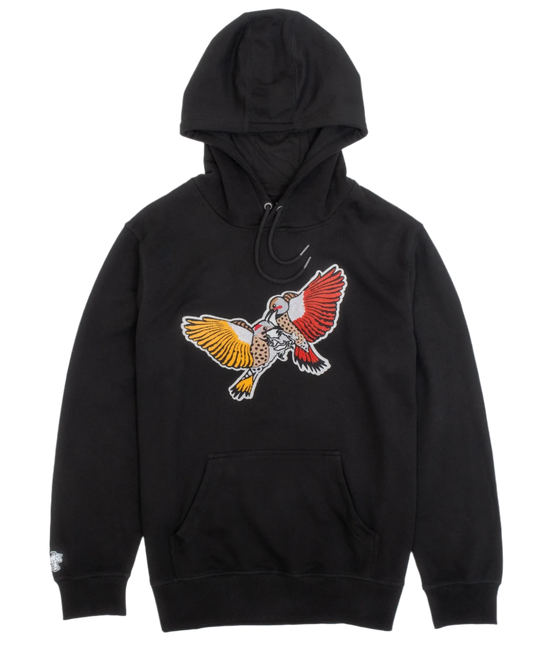 A black Bird Club hoodie displayed against a white background, featuring a striking chenille embroidery of two woodpeckers in vibrant colors—one with yellow and the other with red wings. The detailed embroidery adds a bold and artistic touch, reflecting the brand's dedication to ornithology and sustainable fashion. The hoodie, from a sustainable brand collection, combines eco-friendly materials with a passion for bird watching, appealing to environmentally conscious consumers and bird enthusiasts.