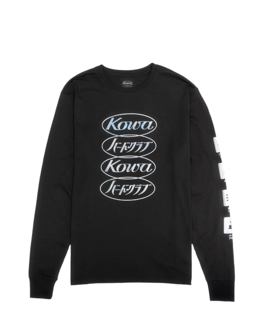 A black long-sleeve T-shirt from the Bird Club and Kowa collaboration, featuring a striking iridescent sheen. The front design showcases the Kowa logo and Japanese text
