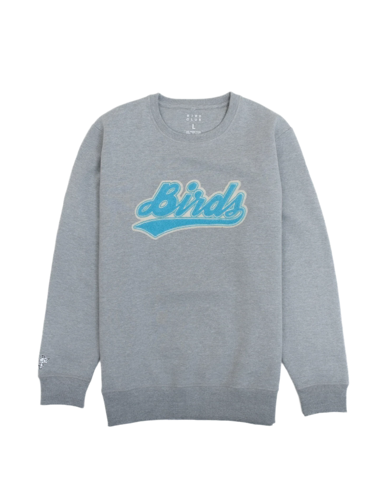 Bird Club sweatshirt featuring chenille embroidery of the word 'Birds' in blue. The sweatshirt is framed against a plain white background, showcasing its design and quality. This product emphasizes Bird Club's commitment to sustainable brands, bird watching, and ornithology.