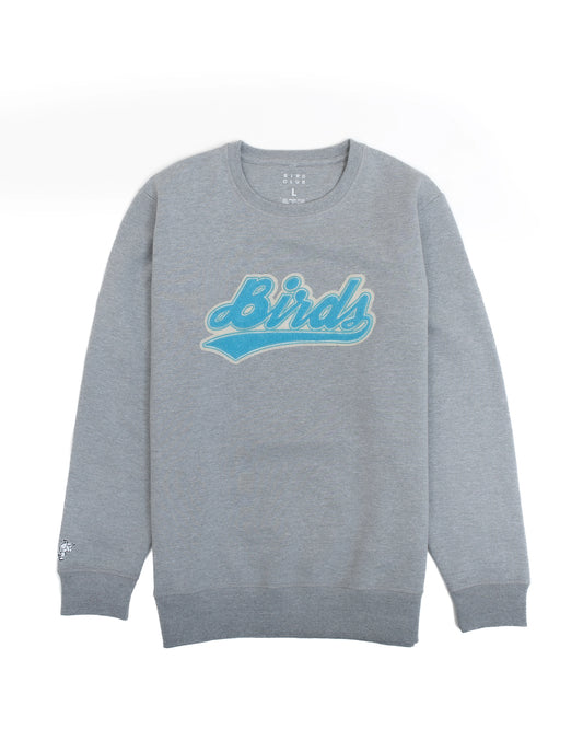 Bird Club sweatshirt featuring chenille embroidery of the word 'Birds' in blue. The sweatshirt is framed against a plain white background, showcasing its design and quality. This product emphasizes Bird Club's commitment to sustainable brands, bird watching, and ornithology.