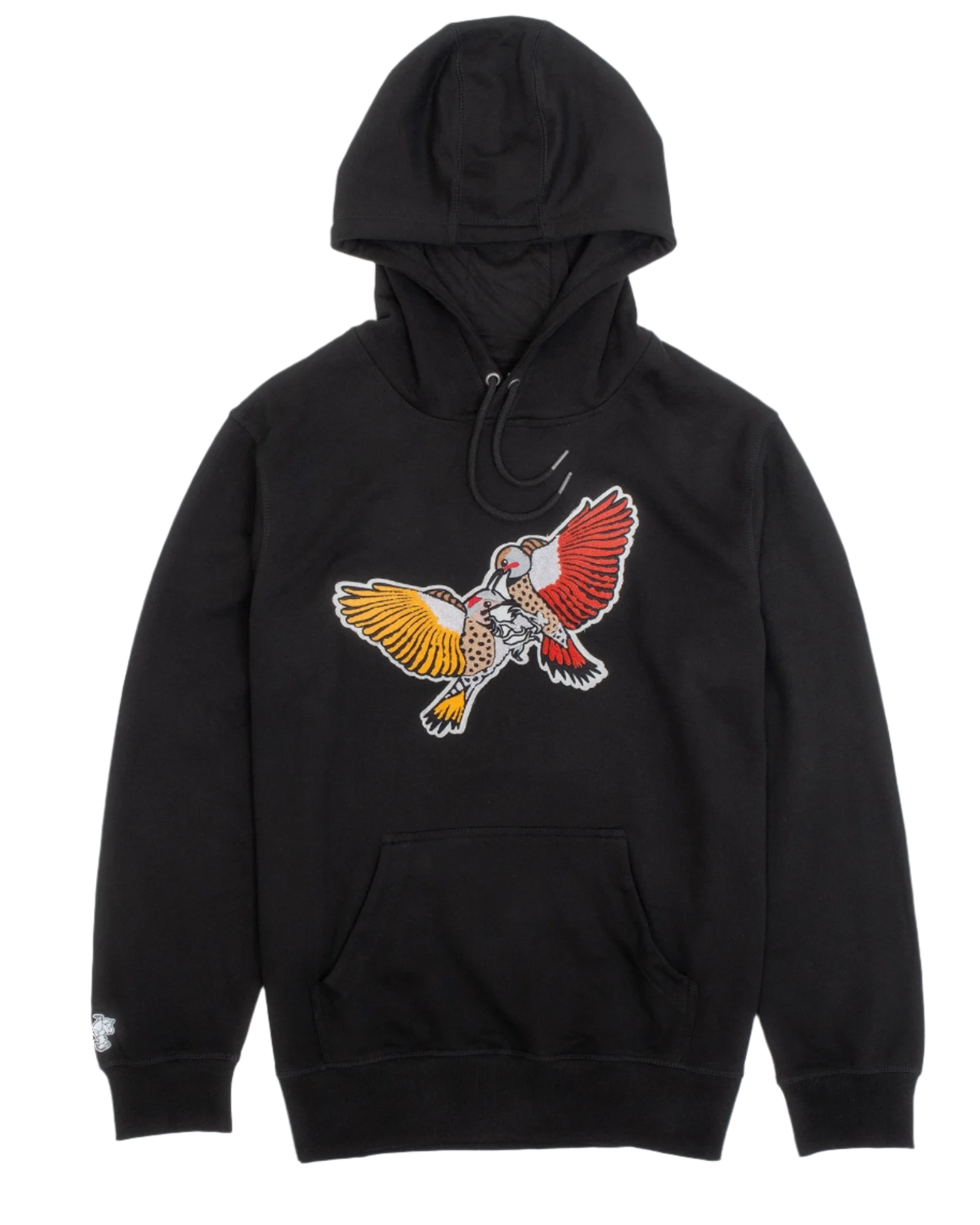 A black Bird Club hoodie displayed against a white background, featuring a striking chenille embroidery of two woodpeckers in vibrant colors—one with yellow and the other with red wings. The detailed embroidery adds a bold and artistic touch, reflecting the brand's dedication to ornithology and sustainable fashion. The hoodie, from a sustainable brand collection, combines eco-friendly materials with a passion for bird watching, appealing to environmentally conscious consumers and bird enthusiasts.