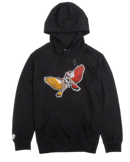 A black Bird Club hoodie displayed against a white background, featuring a striking chenille embroidery of two woodpeckers in vibrant colors—one with yellow and the other with red wings. The detailed embroidery adds a bold and artistic touch, reflecting the brand's dedication to ornithology and sustainable fashion. The hoodie, from a sustainable brand collection, combines eco-friendly materials with a passion for bird watching, appealing to environmentally conscious consumers and bird enthusiasts.