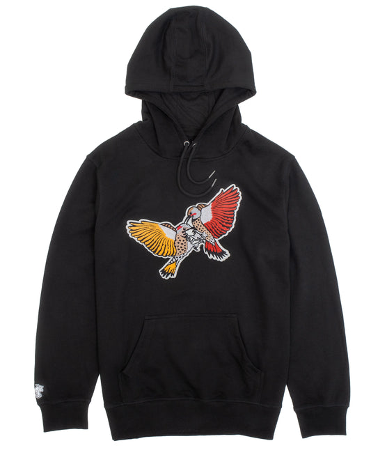 A black Bird Club hoodie displayed against a white background, featuring a striking chenille embroidery of two woodpeckers in vibrant colors—one with yellow and the other with red wings. The detailed embroidery adds a bold and artistic touch, reflecting the brand's dedication to ornithology and sustainable fashion. The hoodie, from a sustainable brand collection, combines eco-friendly materials with a passion for bird watching, appealing to environmentally conscious consumers and bird enthusiasts.