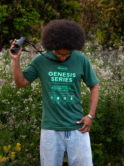 Dexter Thomas wearing a Kowa Genesis Series T-shirt, holding binoculars in a field with wildflowers. This image highlights his involvement with ornithology-inspired brand BIRD CLUB, reflecting the naturalist values promoted by BIRD CLUB. It underscores the commitment to sustainable brands and eco-friendly practices.