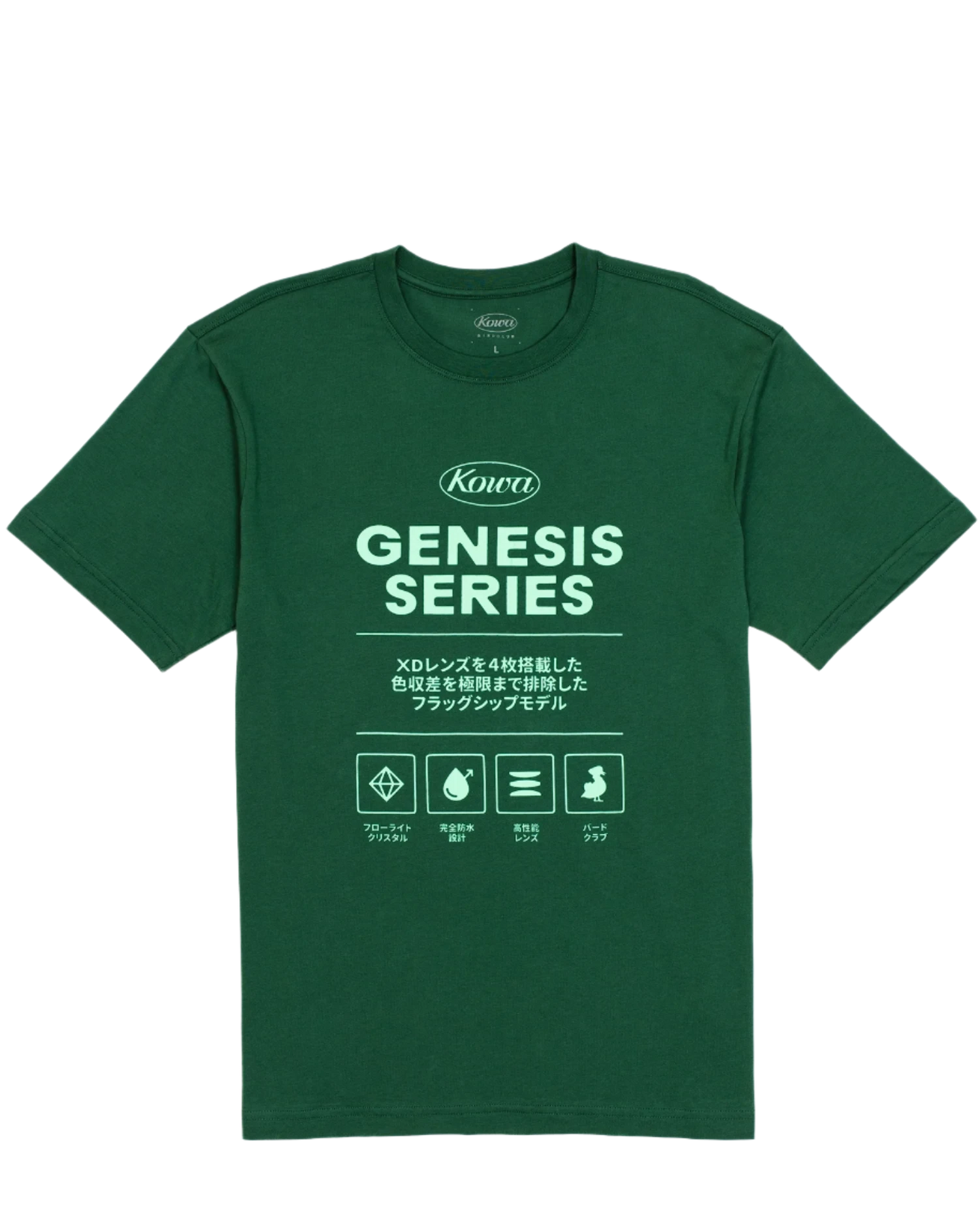 A dark green t-shirt from the Bird Club and Kowa collaboration, featuring bold mint green text and graphics on the front. The shirt prominently displays the words