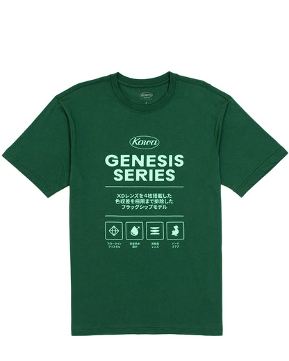 A dark green t-shirt from the Bird Club and Kowa collaboration, featuring bold mint green text and graphics on the front. The shirt prominently displays the words "Kowa Genesis Series" along with Japanese characters and icons representing fluorite crystal, waterproof design, high-resolution lens, and bird watching. This T-shirt, part of a sustainable brand collection, highlights the fusion of birding and ornithology with eco-friendly fashion.