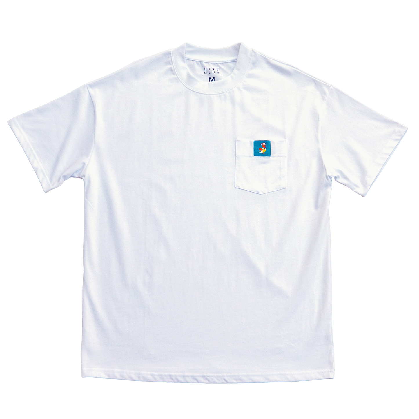 White ornithology t-shirt made from 100% organic cotton, featuring a pocket with embroidered Mandarin Duck detail. A stylish and eco-friendly gift for bird watchers and gifts for bird lovers.