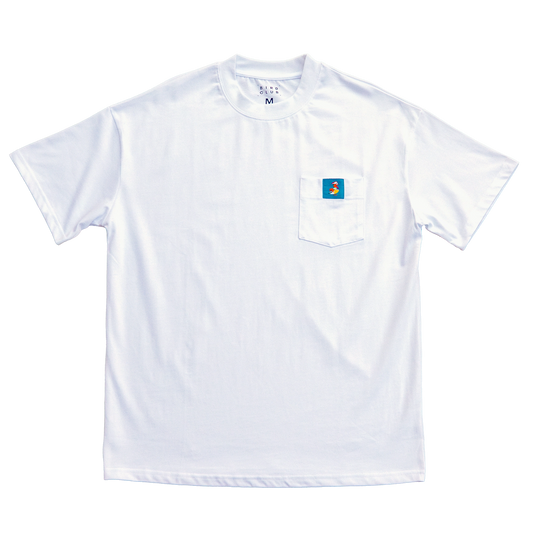 White ornithology t-shirt made from 100% organic cotton, featuring a pocket with embroidered Mandarin Duck detail. A stylish and eco-friendly gift for bird watchers and gifts for bird lovers.