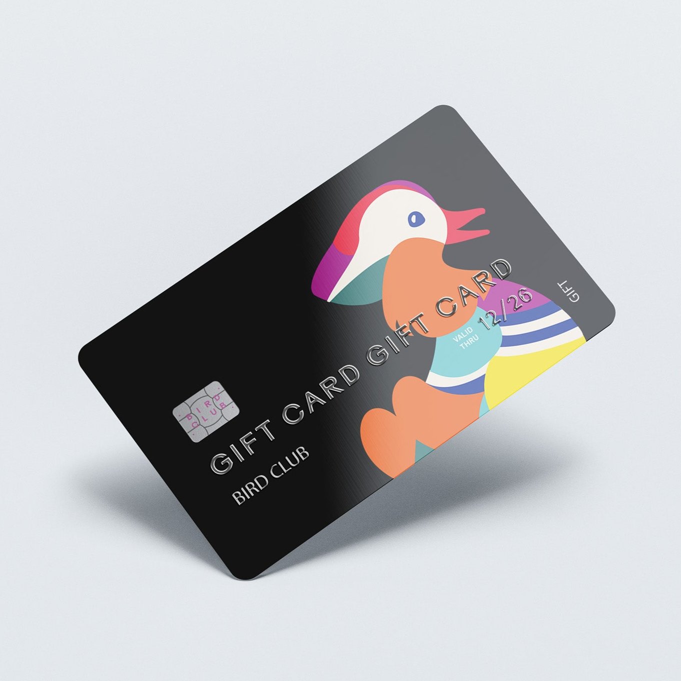 Bird Club gift card featuring a colorful abstract bird design on a sleek black card, perfect for gifts for bird lovers and gifts for birders. This stylish card from a sustainable brand makes an ideal present for those passionate about birdwatching and eco-friendly fashion.