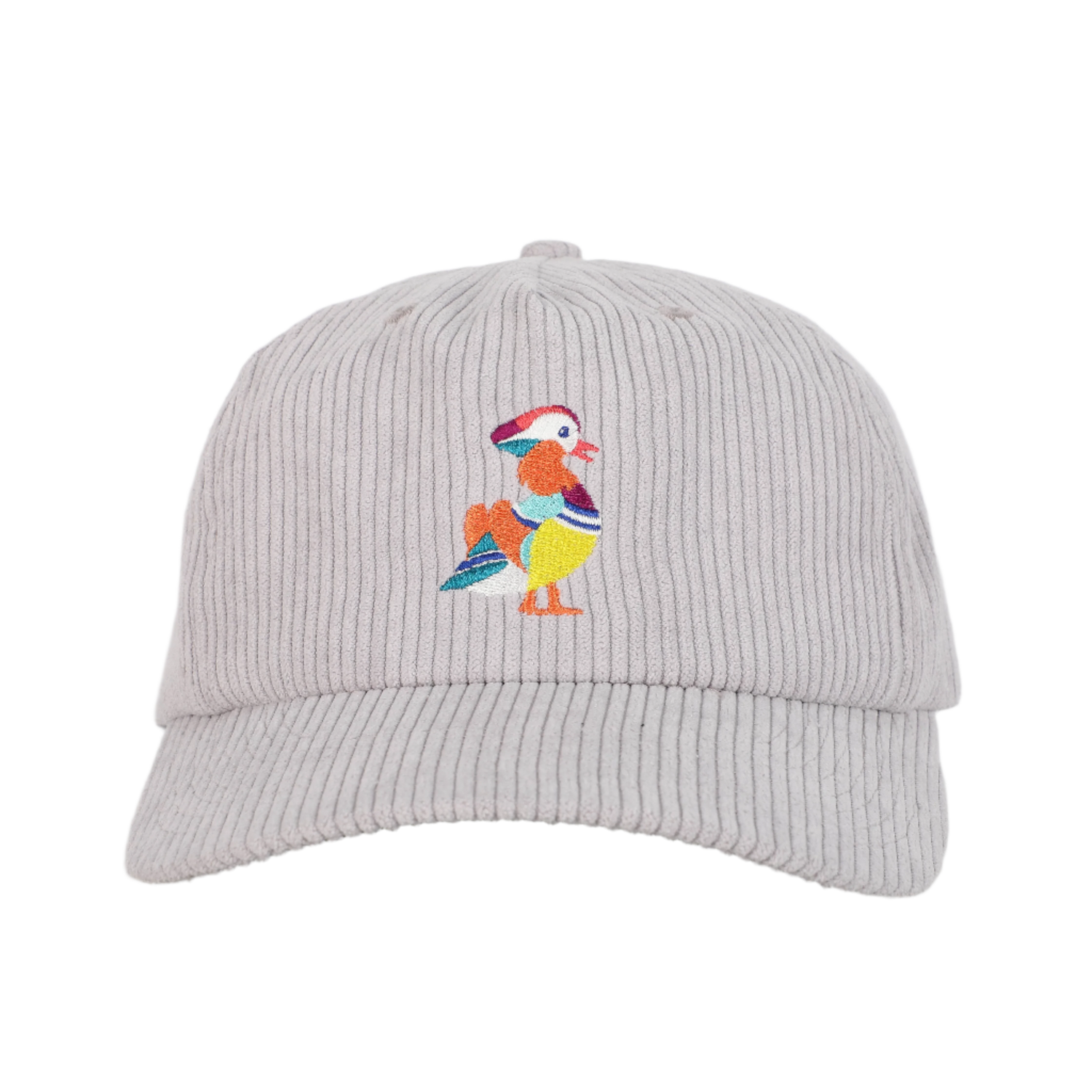 A front view of a recycled corduroy hat from Bird Club, featuring an embroidered logo of a colorful mandarin duck. The hat is part of a sustainable brand collection, emphasizing eco-friendly materials and ornithology. The intricate embroidery showcases the brand's attention to detail and passion for birding. The light gray corduroy fabric adds a textured, stylish element to the hat, appealing to environmentally conscious consumers and bird enthusiasts alike. 