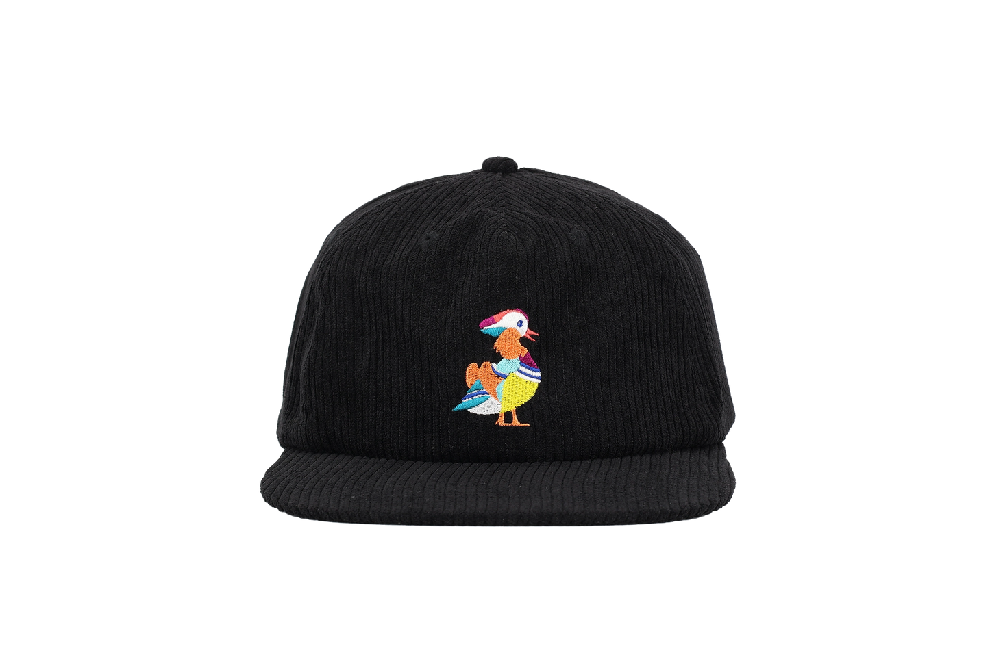 Black corduroy duck hat featuring vibrant Mandarin Duck embroidery on the front. A stylish, eco-friendly hat ideal for gifts for bird lovers and gifts for birders