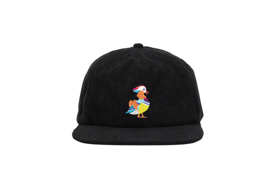 Black corduroy duck hat featuring vibrant Mandarin Duck embroidery on the front. A stylish, eco-friendly hat ideal for gifts for bird lovers and gifts for birders