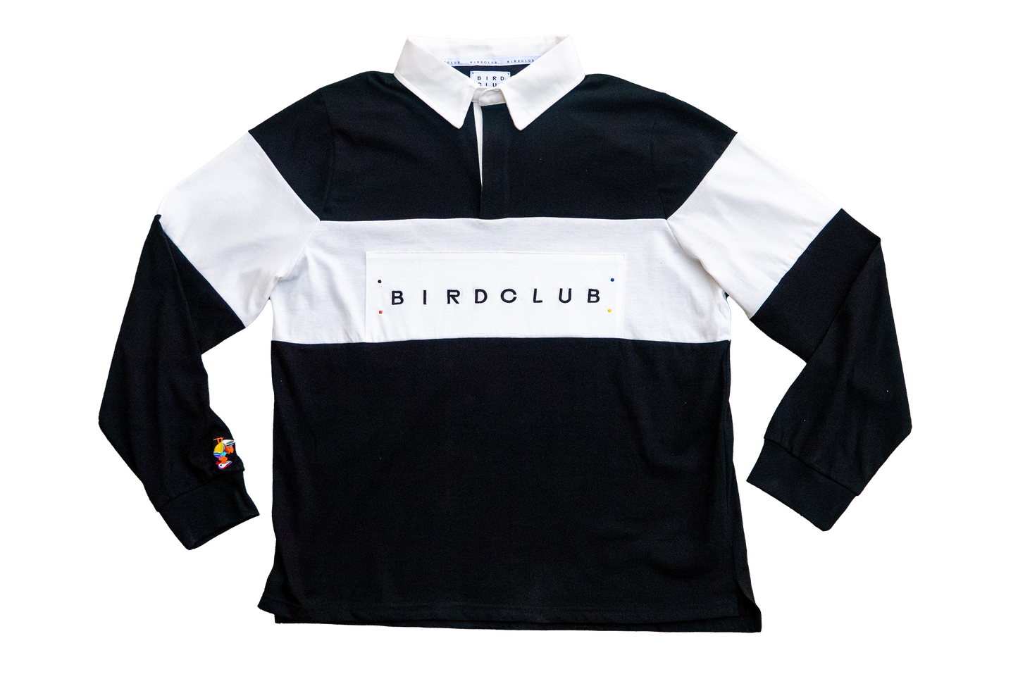 Front view of the Bird Club Rugby ornithology shirt, crafted from organic cotton with a bold black-and-white design. A stylish eco-friendly gift for bird watchers and bird lovers.