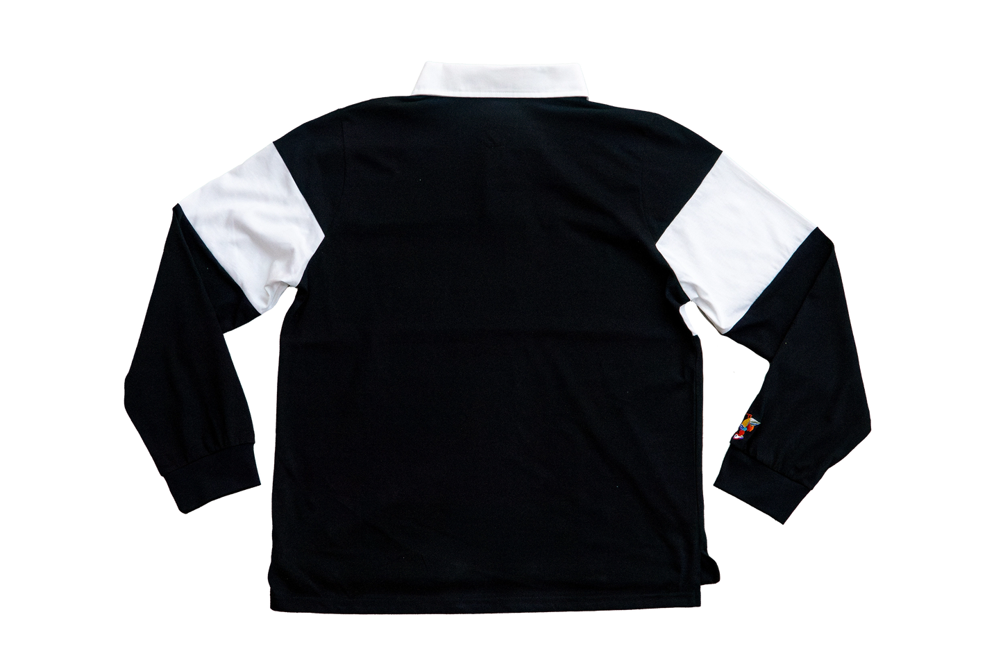 Back view of the Bird Club organic cotton rugby shirt, showcasing the clean black-and-white color block design. A sustainable option for gifts for bird lovers and birders.