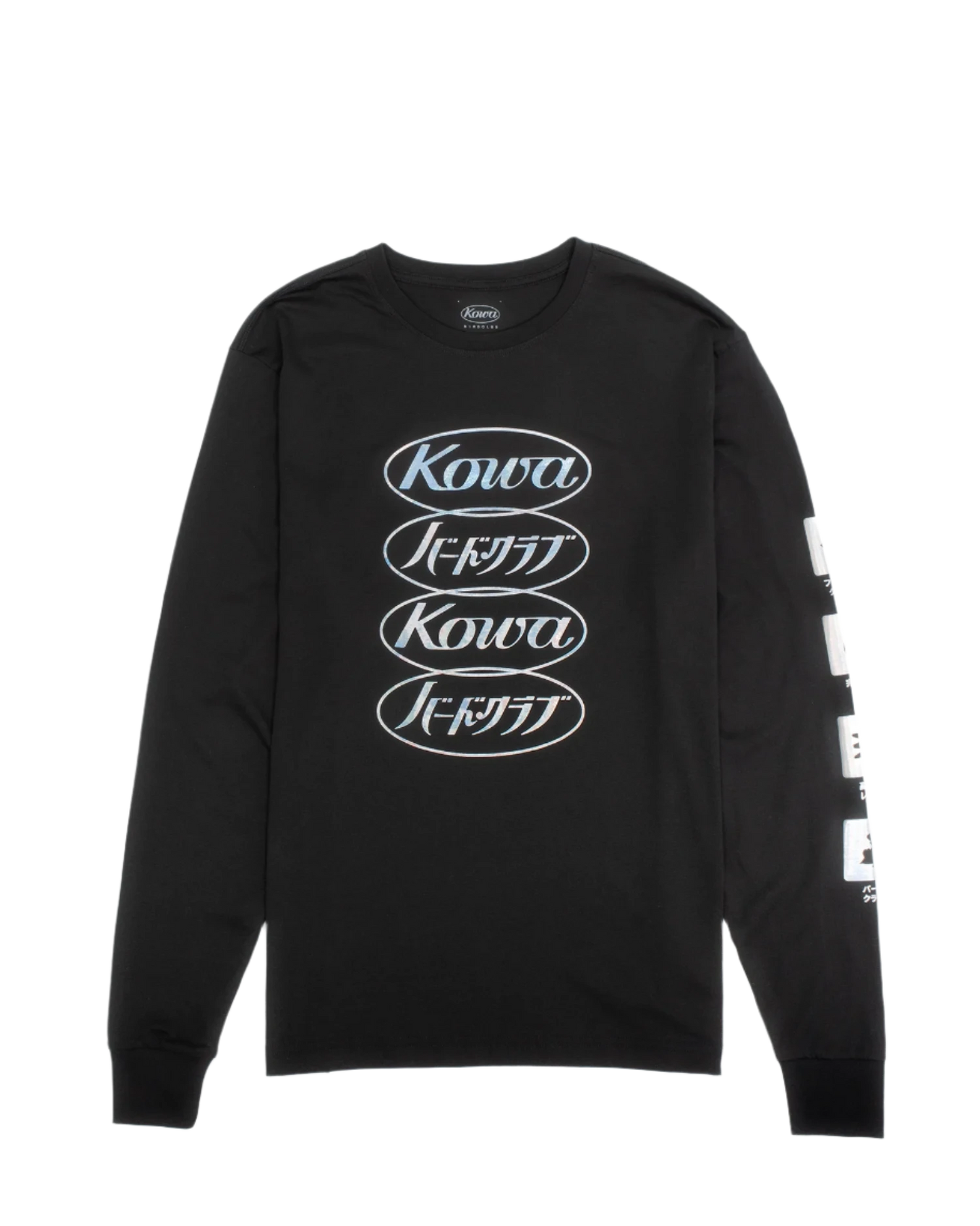 A black long-sleeve T-shirt from the Bird Club and Kowa collaboration, featuring a striking iridescent sheen. The front design showcases the Kowa logo and Japanese text "Bird Club" repeated in a gradient of pastel colors. The sleeve is adorned with icons representing fluorite crystal, waterproof design, high-resolution lens, and bird watching, emphasizing the shirt's connection to ornithology. This sustainable brand collection merges eco-friendly fashion with a passion for bird watching.