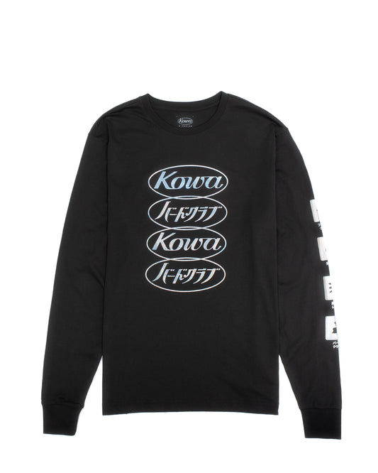 A black long-sleeve T-shirt from the Bird Club and Kowa collaboration, featuring a striking iridescent sheen. The front design showcases the Kowa logo and Japanese text 