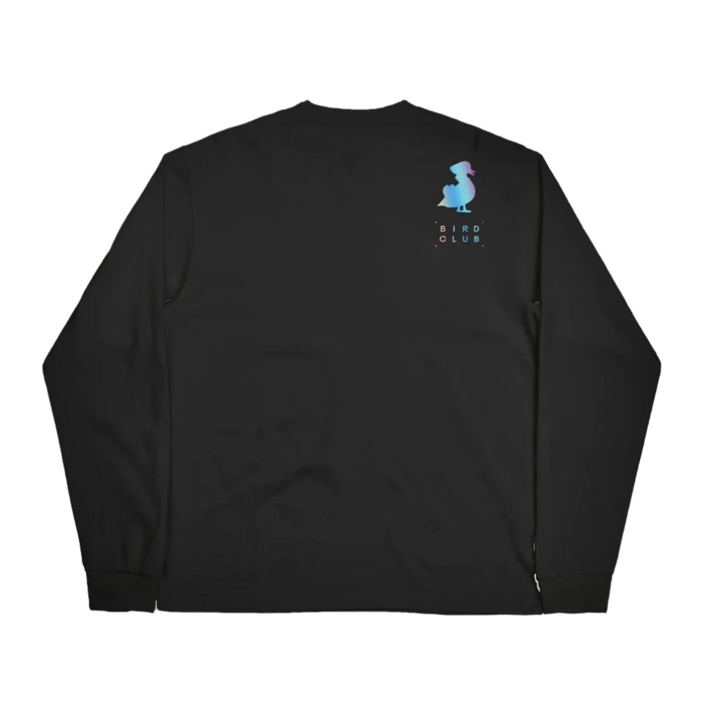 The back view of a long-sleeve T-shirt from the Bird Club and Kowa collaboration, featuring a subtle iridescent gradient. The upper back displays a small logo with a bird illustration and the text "Bird Club" in a pastel gradient, highlighting the connection to ornithology. This T-shirt is part of a sustainable brand collection, merging eco-friendly materials with a passion for bird watching.