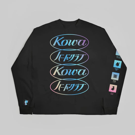 A black long-sleeve T-shirt from the Bird Club and Kowa collaboration, featuring a striking iridescent sheen. The front design showcases the Kowa logo and Japanese text "Bird Club" repeated in a gradient of pastel colors. The sleeve is adorned with icons representing fluorite crystal, waterproof design, high-resolution lens, and bird watching, emphasizing the shirt's connection to ornithology. This sustainable brand collection merges eco-friendly fashion with a passion for bird watching. 